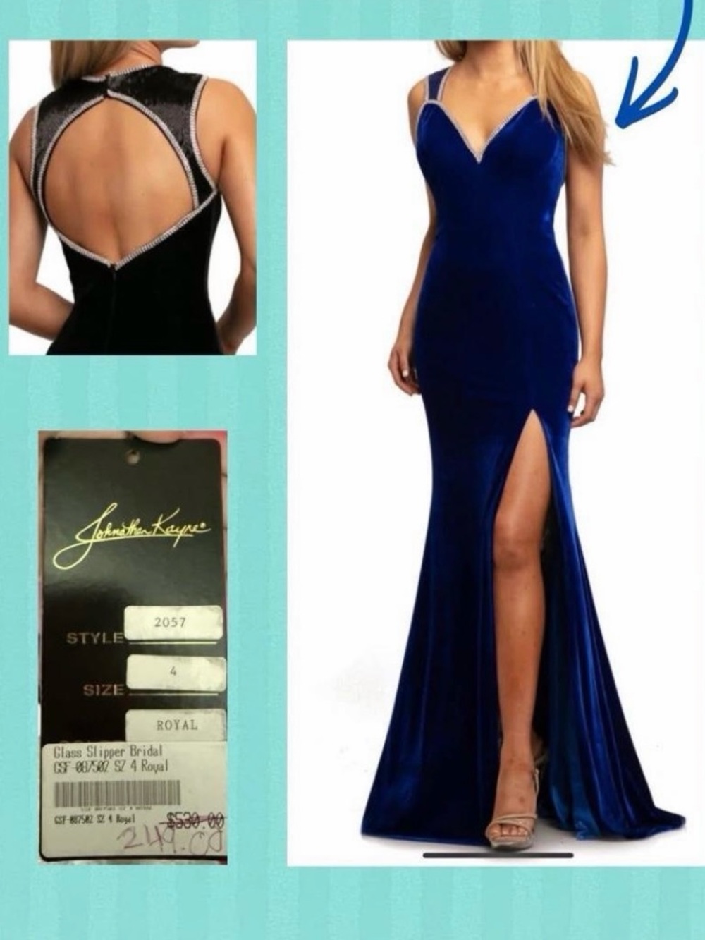 Johnathan Kayne Royal Blue Velvet Prom Gown with High Slit